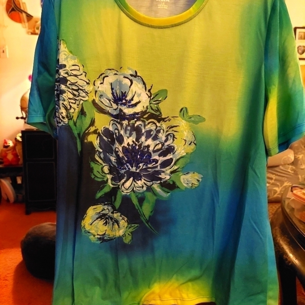 Vintage Alia Shades of Green Flowered Top, Size Large